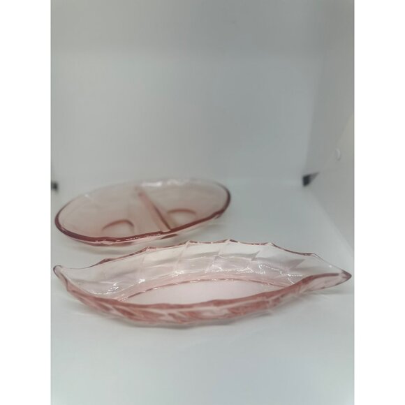 VTG Pink Depression Glass Divided Relish Dish & Leaf-Shaped Serving Tray Set - Picture 6 of 9